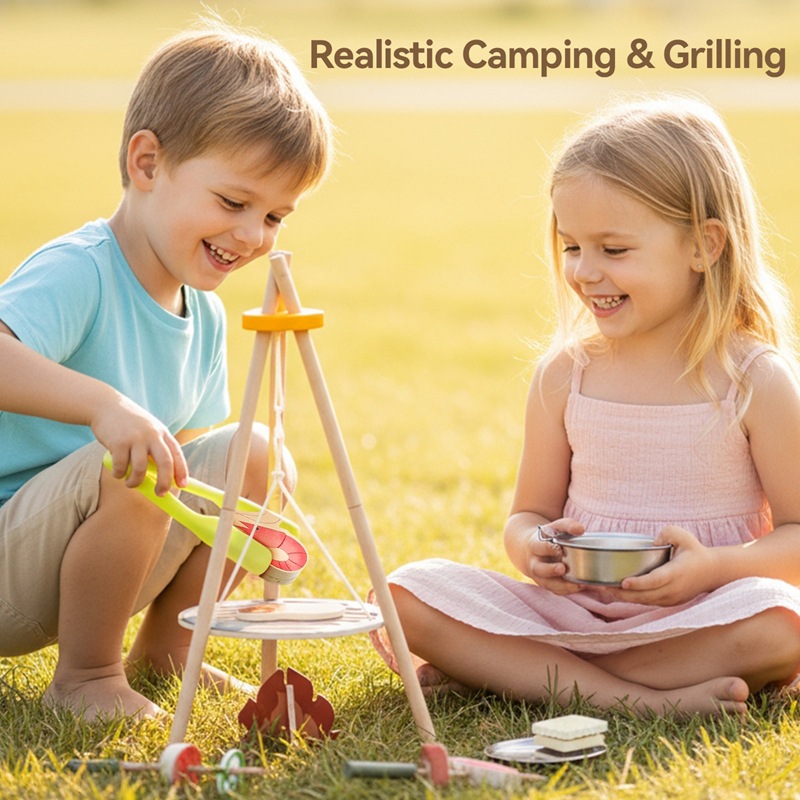 나무로 만든 어린이 캠핑 바비큐 장난감 세트, 삼각대  - Camping Cooking Gifts 리뷰 및 가격
